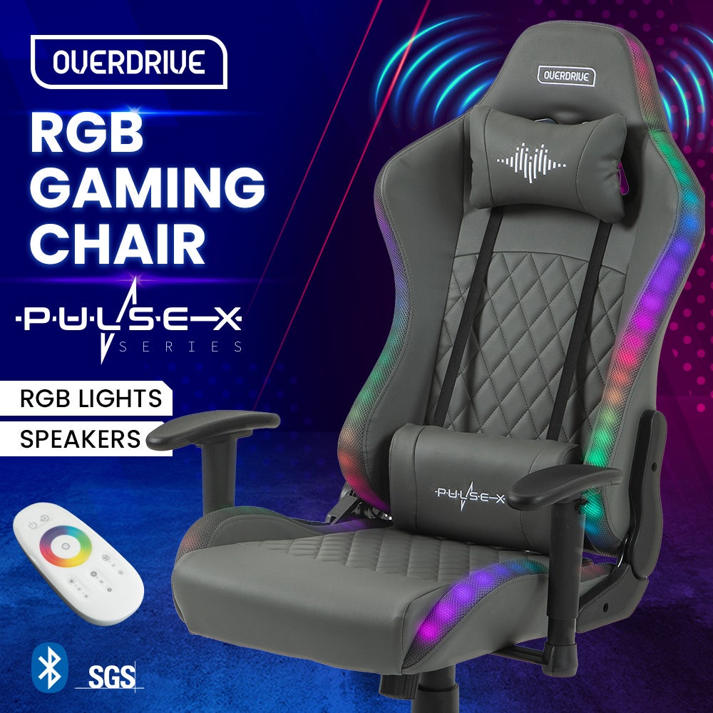 OVERDRIVE Gaming Chair with Bluetooth Speakers RGB LED Lights Reclining Game Armchair Grey
