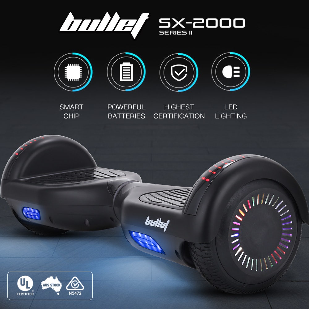 BULLET SX 2000 Hoverboard Scooter 500W Brushless Superior Self Balancing System UL Certified LED Lights Black